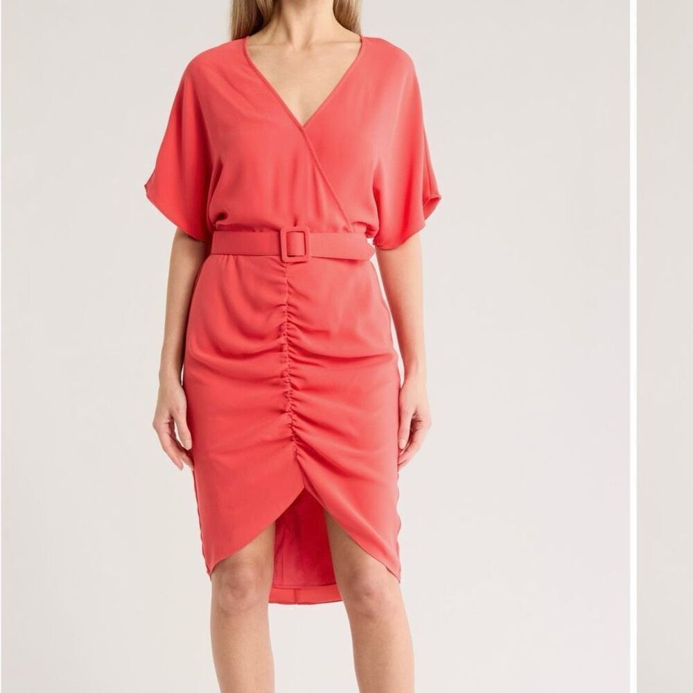 NWT Trina Turk, Zest Shirt Sleeve Belted Faux Wrap Dress in coral color Size 8
